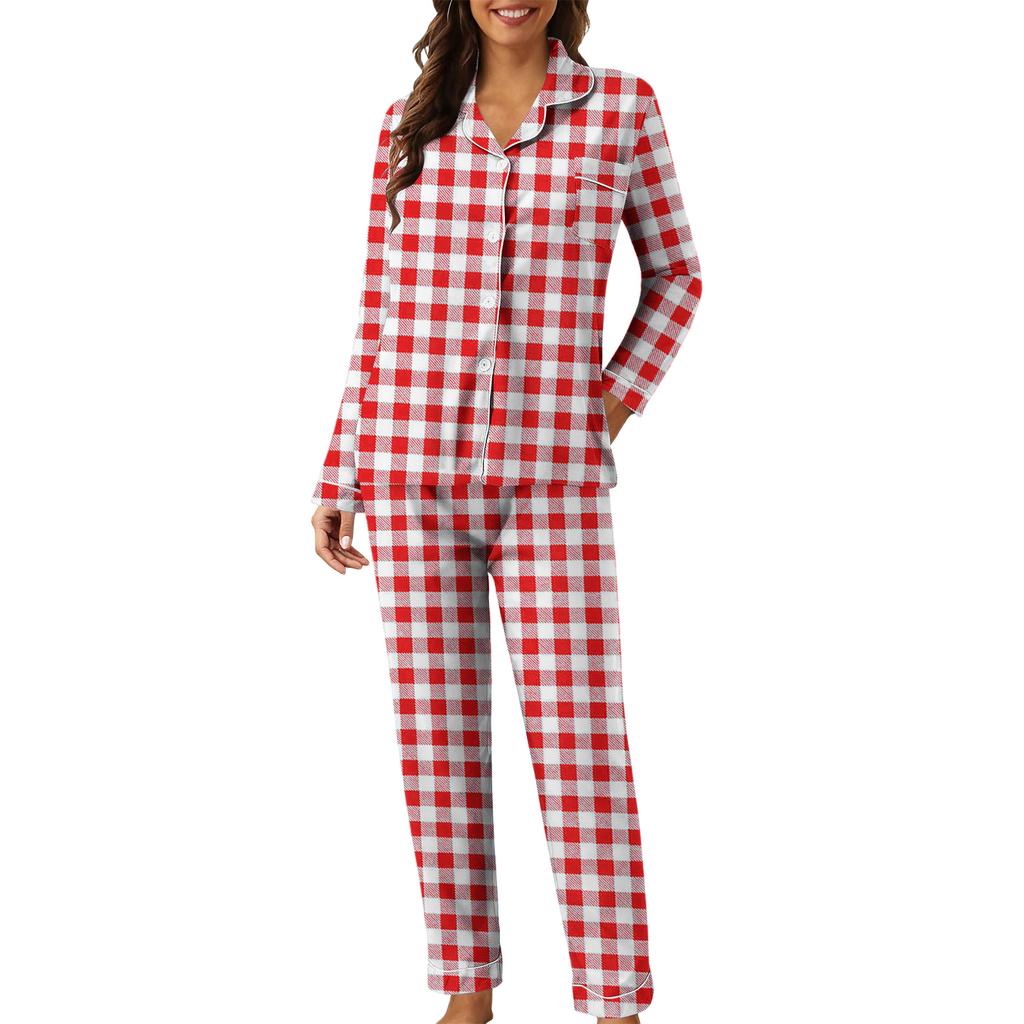 Women's Casual Fashion Plaid Patchwork Print Long-Sleeved Trousers Homewear Set