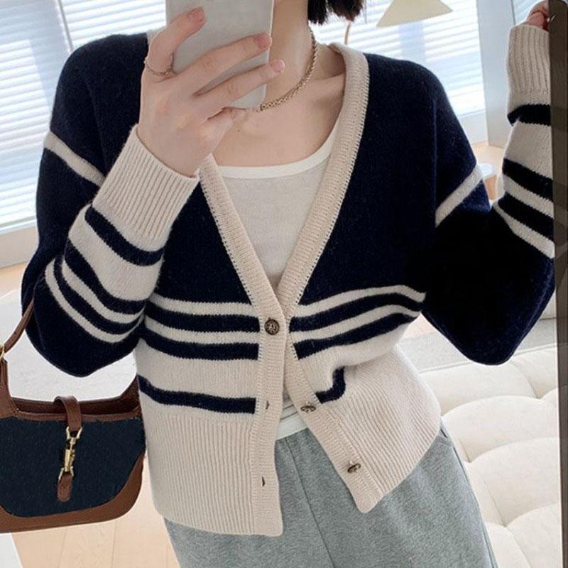 

Свитер винтажный свитер в контрастную полоску с v-образным вырезом, кардиган, осень/зима, уникальный многослойный свободный вязаный свитер, женское пальто