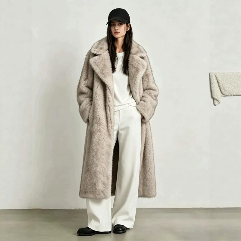 Womens Faux Fur Coat Long Winter Warm Outerwear With Collar Lapel Elegant Office Style