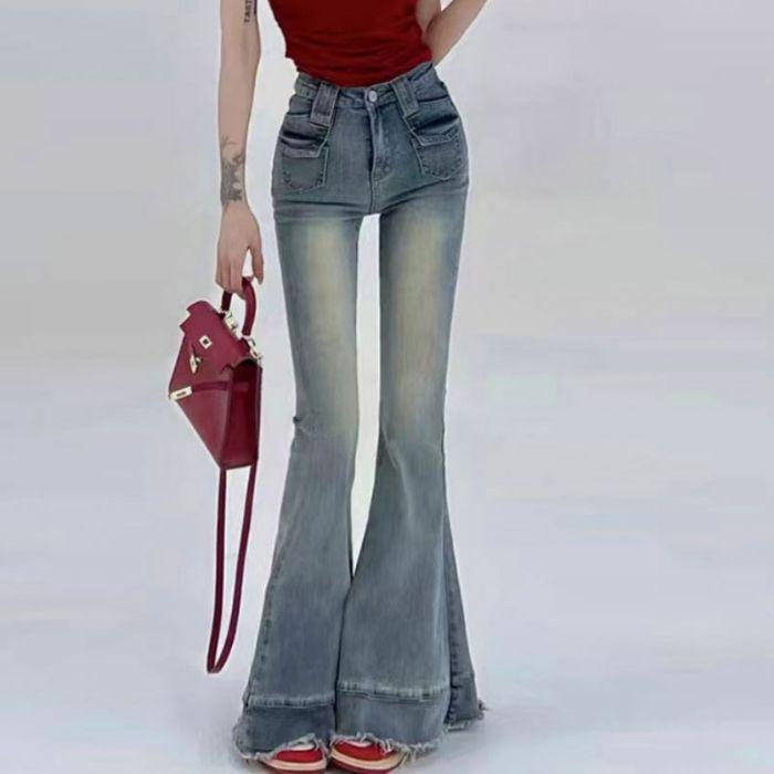 

Женские джинсы микро-клеш с высокой посадкой, эластичным необработанным краем и облегающим силуэтом Extra Large средний синий