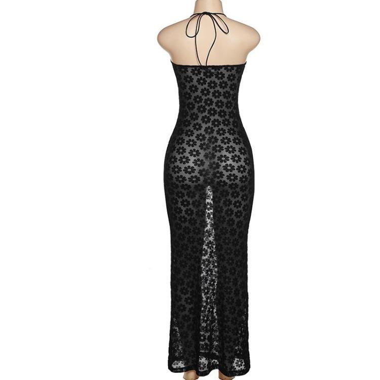 Summer Maxi Dress Elegant Women Backless Floral Cut Out Sexy Party Gown See Through Halter Club