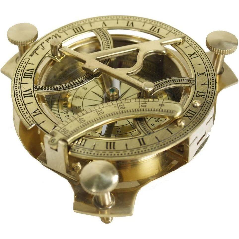 Brass Sundial Compass 3 Inch - Antique Showpiece Sun Dial Rustic Vintage Home Decor Gifts Golden Polish