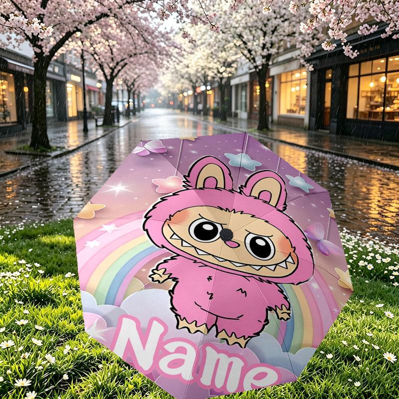 Custom Name Personalized Labubu Print Umbrella, Auto Open Close, 8‑Rib Sturdy Frame, Commute Camping Hiking Use, Birthday Gift