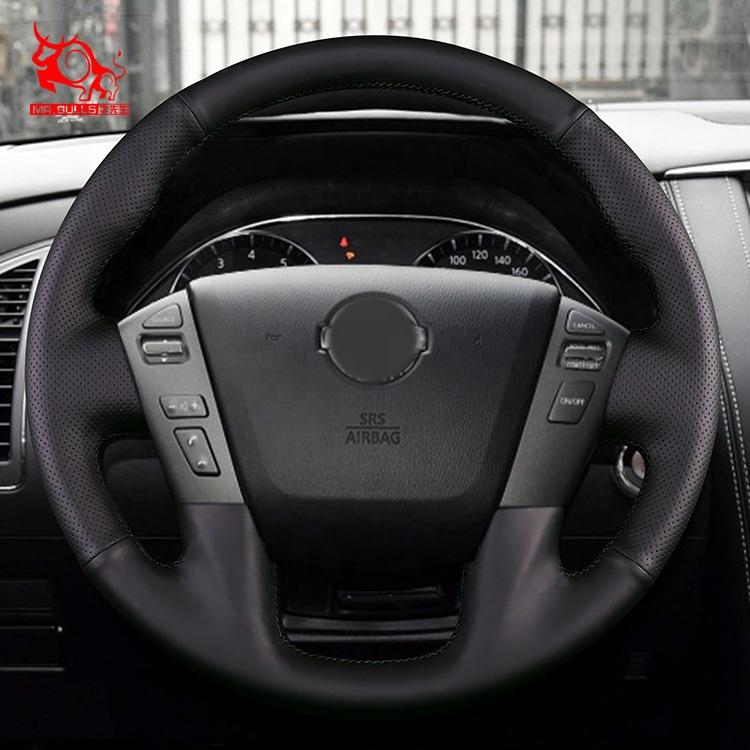 Custom DIY Carbon Fiber Interior Luxury Style Faux Leather Car Steering Wheel Cover for Nissan Patrol Frontier Armada Titan XD