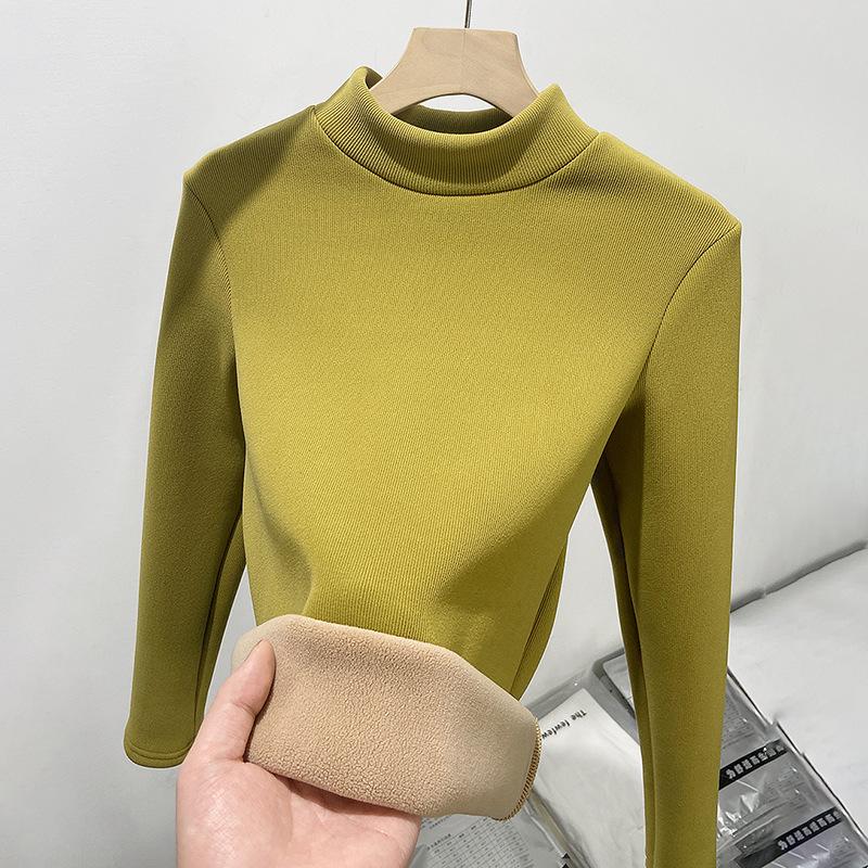 H331 Women's Slim Fit Knitted Half Turtleneck Sweater - Plus Velvet, Warm Long Sleeve Top for Autumn and Winter