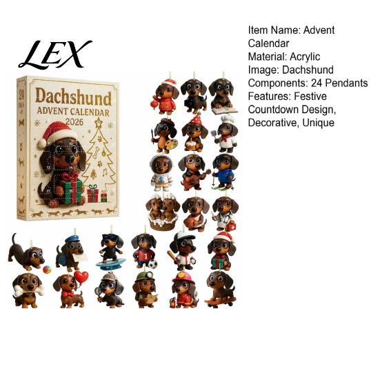 Christmas Tree Hanging Decoration 2026 Dachshund Advent Calendar with 24 Unique 2D Acrylic Ornaments, Festive Novelty Dog Gifts Countdown Box