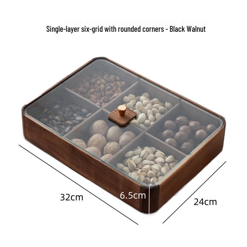 Black Walnut Multi-Layer Snack Storage Box with Compartments for Nuts, Pastries, and Fruits