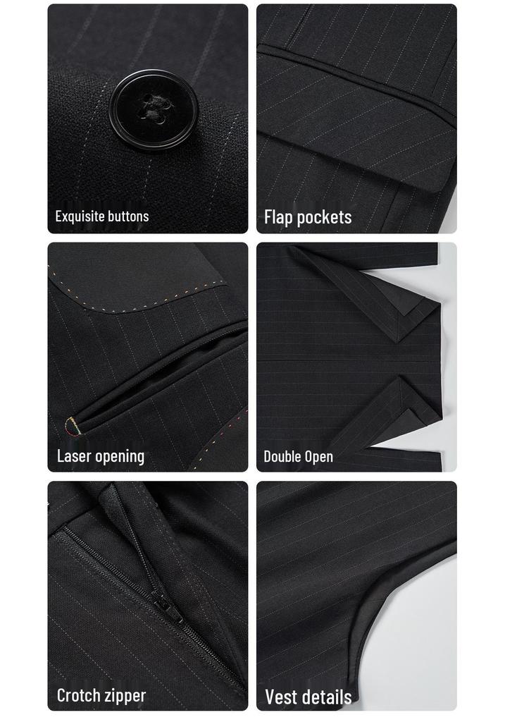 2025 Men's High-Quality Striped Double-Breasted Three-Piece Suit with Peak Lapel