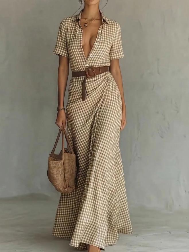2026 European and American new fashionable and elegant retro plaid printed button dress dress S