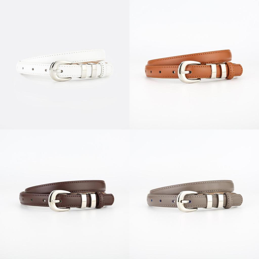 Womens True Leather Slim Belt With Metal Buckle For Casual Office Wear