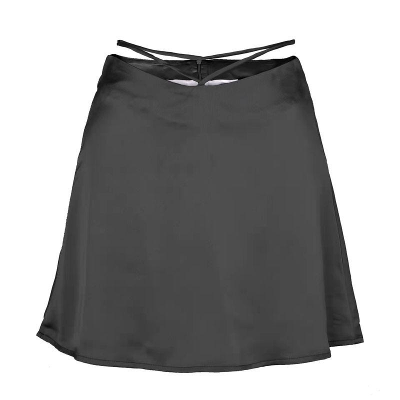 

2022 New Solid Color Sexy Satin Fashion Crop Tie Zip Skirt Black XL