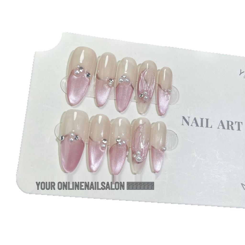 Handmade Pink Gel Press-On Nails - Long, Skinny Cat Eye Design