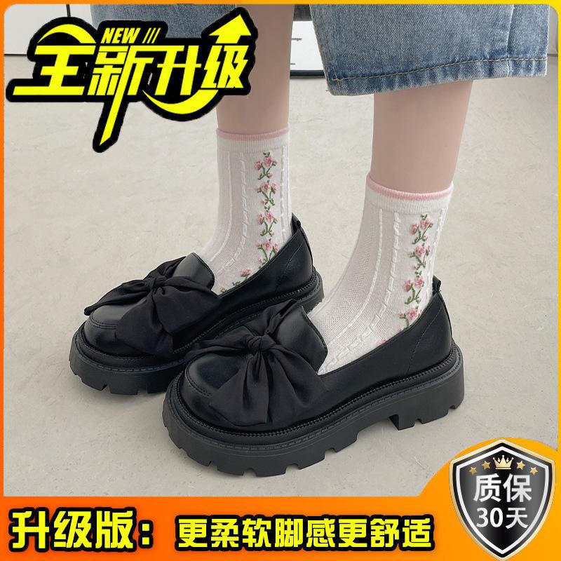 Small leather shoes spring and summer new pearl bow girl single shoes thick heel Mary Jane shoes women