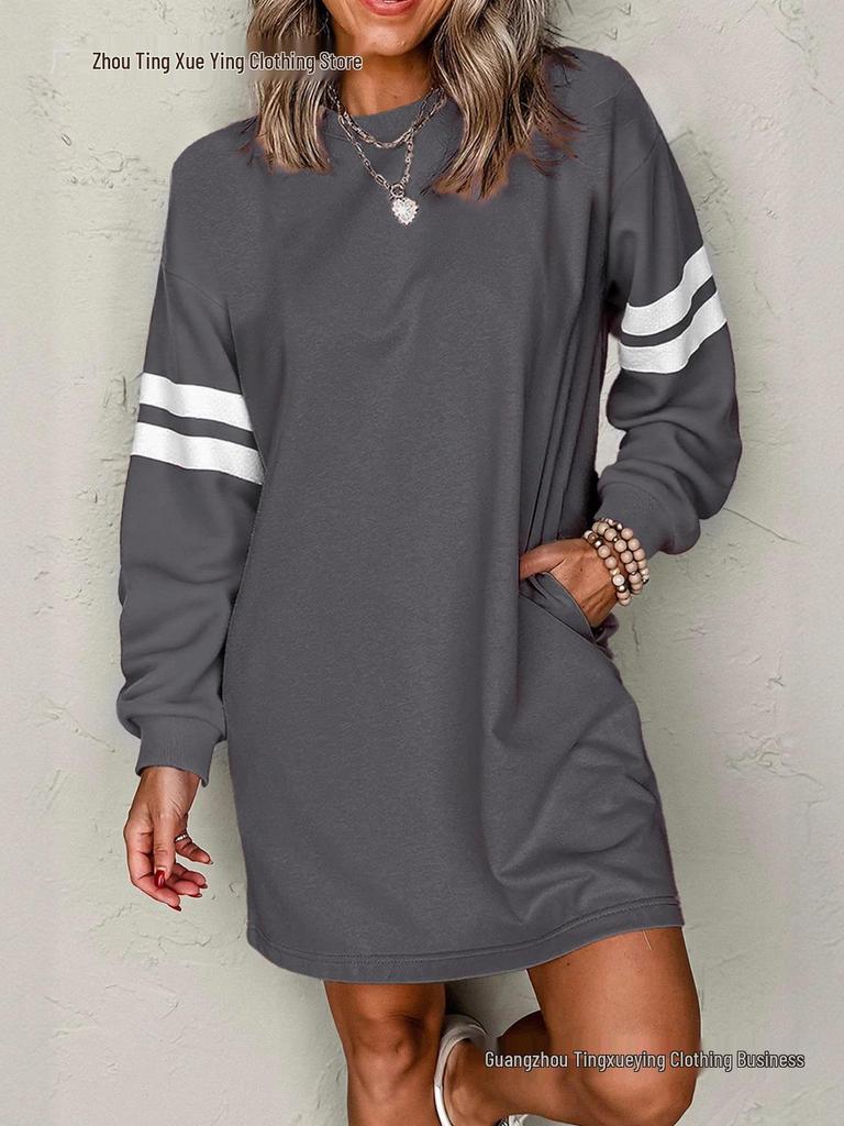 Striped Color Block Drop Shoulder Women's Casual Loose Pullover Dress for Autumn/Winter
