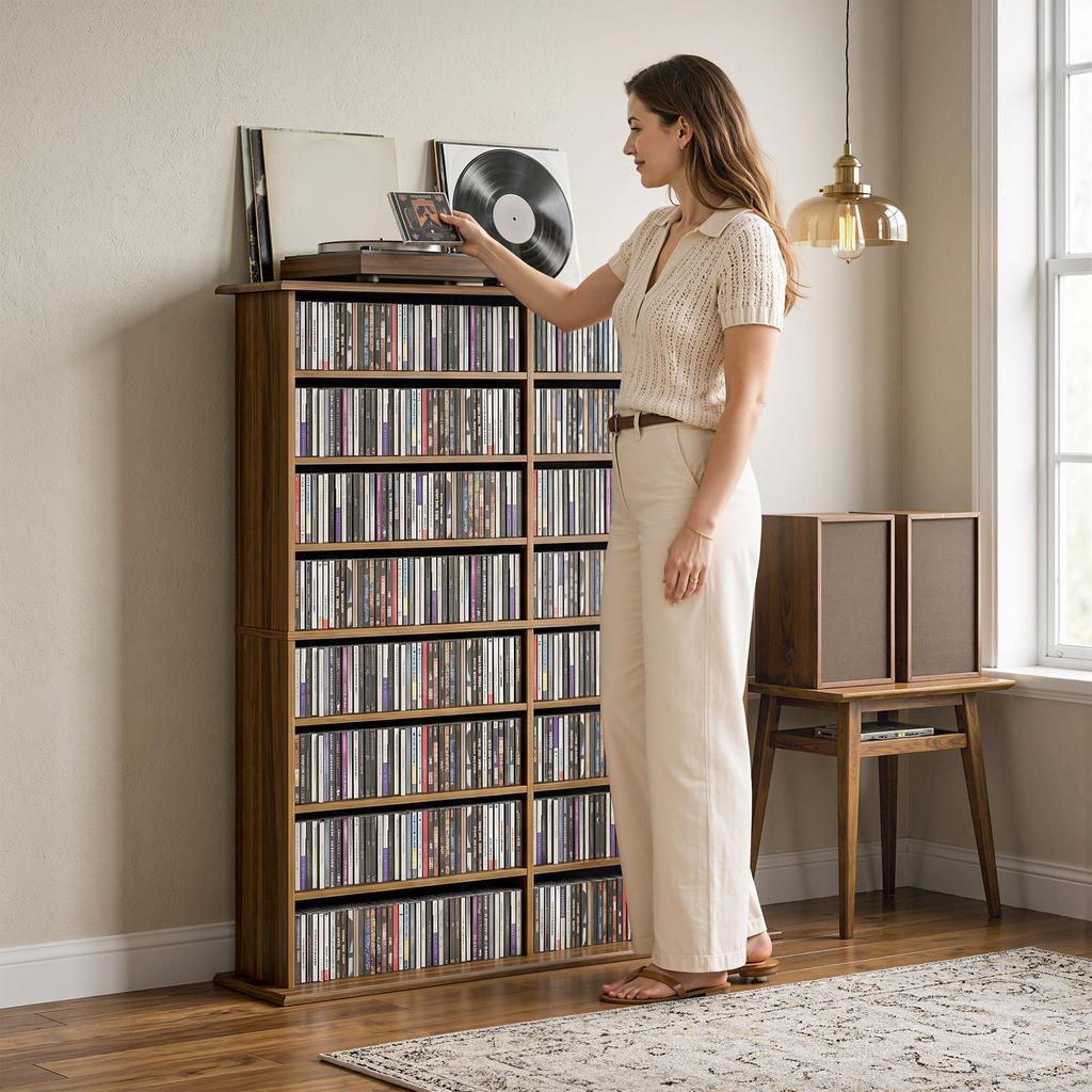 CD/DVD Storage Unit, 16 Compartments, 12 Adjustable Shelves, 720 CDs/396 DVDs, Walnut