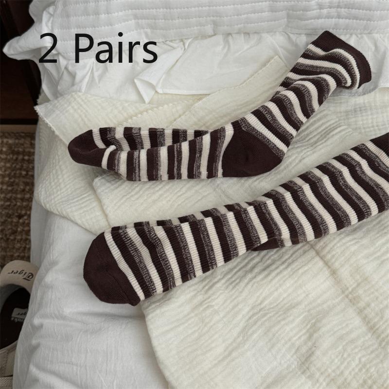 

2 пары осенне-зимних хлопковых полосатых носков, универсальные цветные влагопоглощающие носки средней длины 2 pairs кофейный