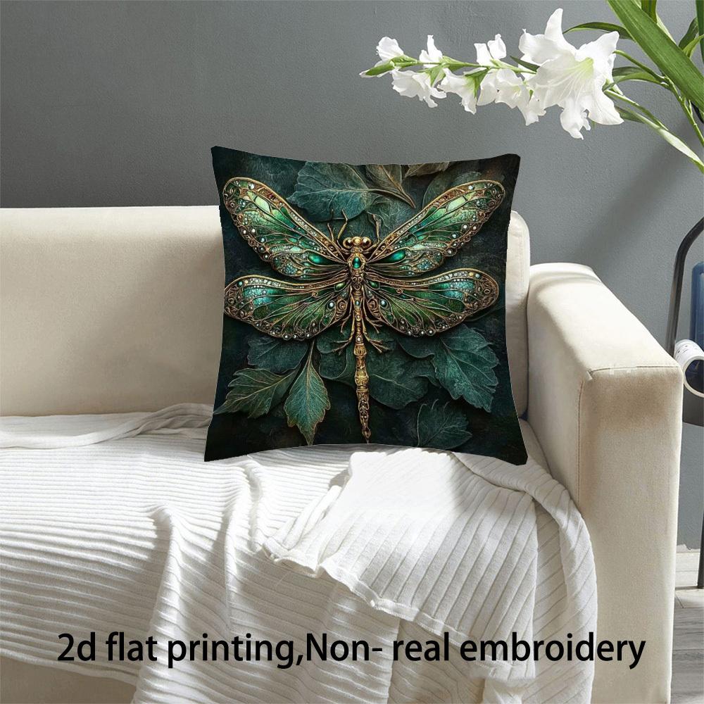 2D Flat- Vintage Emerald Gold Dragonkin Square Throw Pillow Cover Decorative Luxury Dark Green Leaf Print Cushion Case