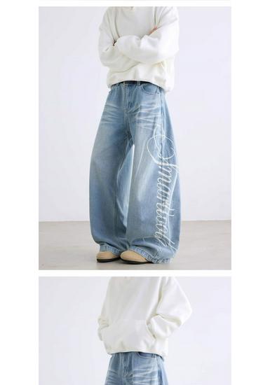 Men's Straight-Leg Print Jeans: Trendy Spring/Autumn High Street Long Pants