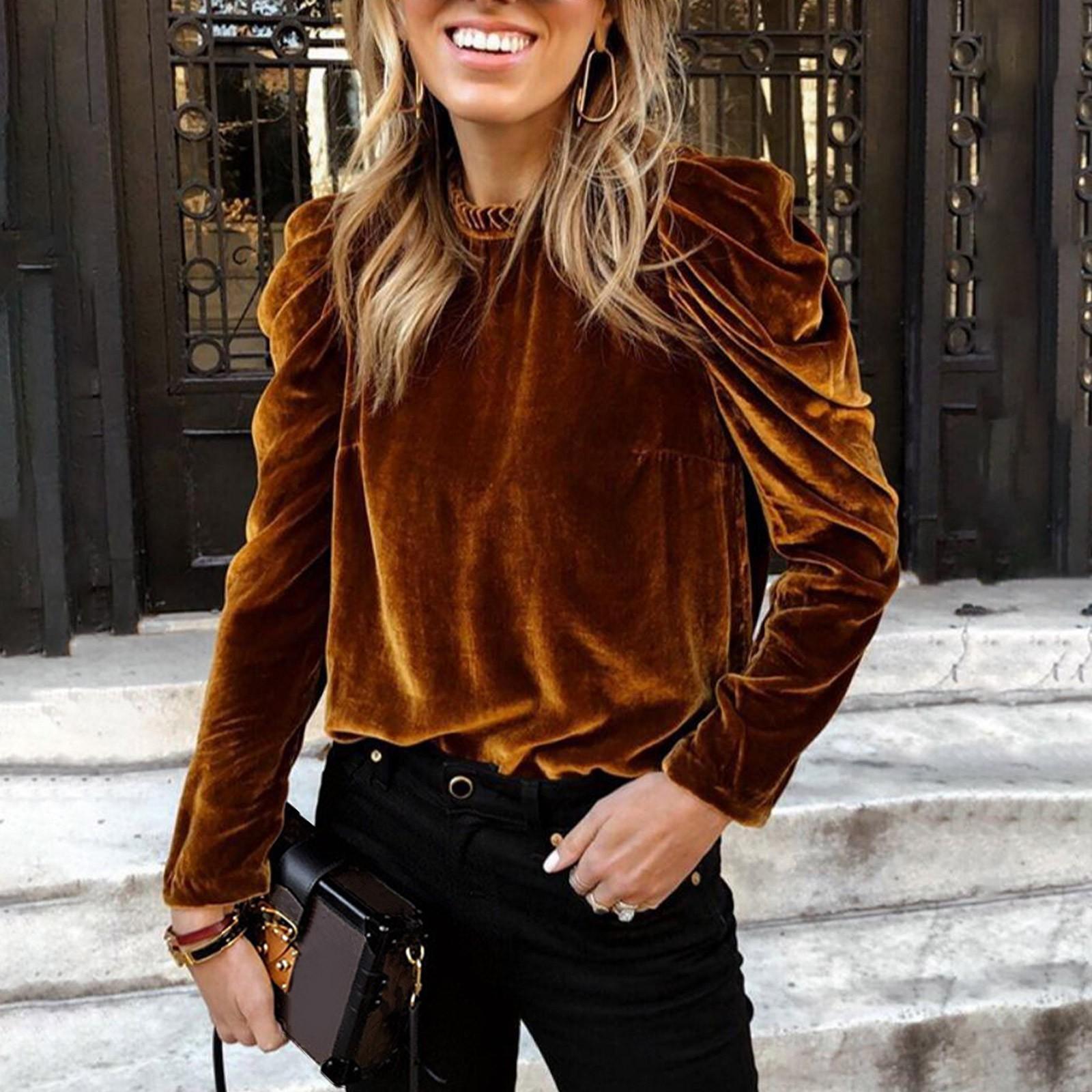 

Женская винтажная повседневная бархатная футболка с круглым вырезом и пышными рукавами, рубашка, блузка L