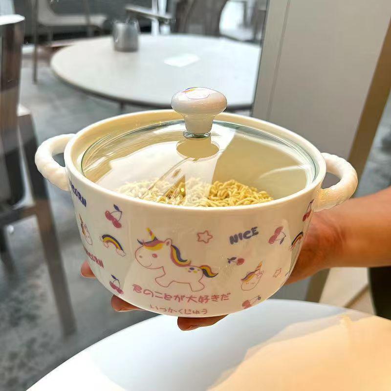 Korean Style Cute Heart Ceramic Noodle Bowl with Lid for Dorm or Bedroom Microwave Use