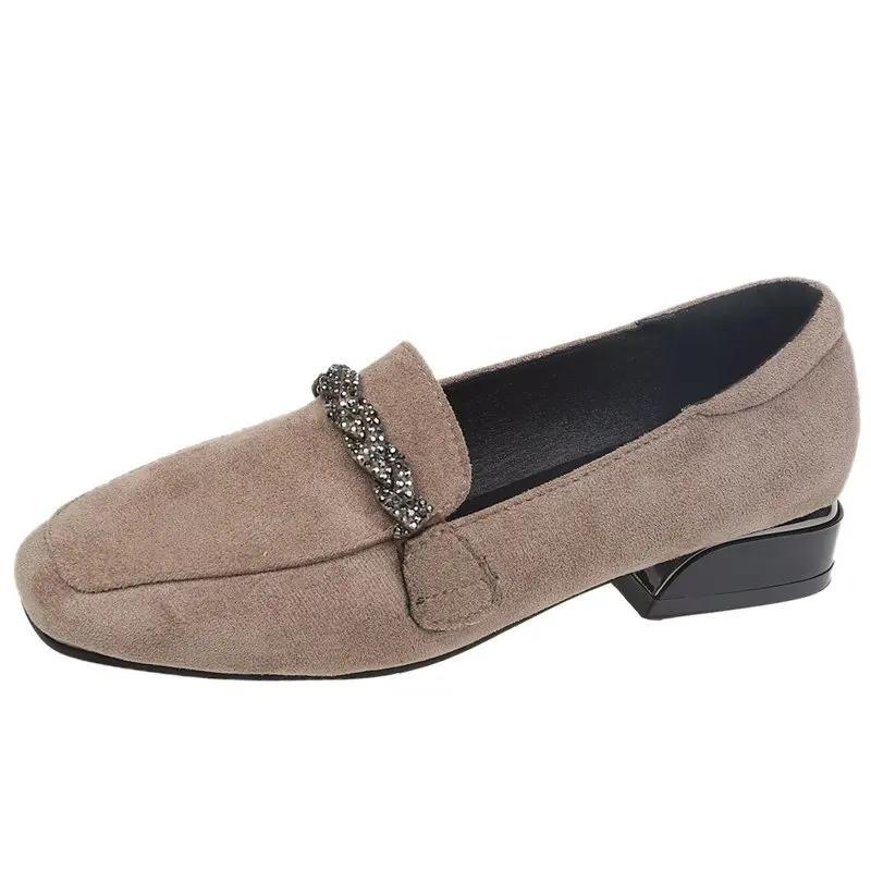 Damen Wildleder Flache Einzelne Schuhe Frühling Neue Mode Damen Quadratische Zehenpartie Weiche Sohle Loafer Vielseitig zum Hineinschlüpfen Schwarze Abriebfeste Schuhe