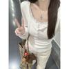 Sweet Neck Lace Long Sleeve Shirt Women's Pleated Bottom Shirt Early Spring Break Two Pure Desire Button Top