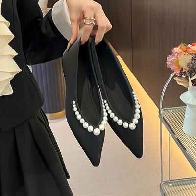 Fashion Women Flat Shoes Pearl Slip-on Loafers Girl Pointed Toe Internal Increase Shoes