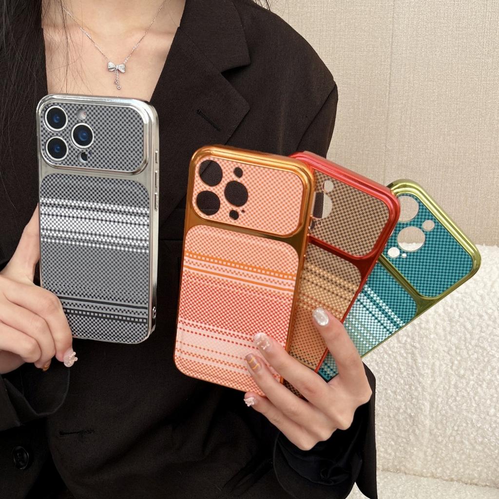 Carbon Fibre Kevlar Texture PC Phone Case For iPhone 17 16 15 14 13 Pro Max Plating Large Window Shockproof Bumper Cover