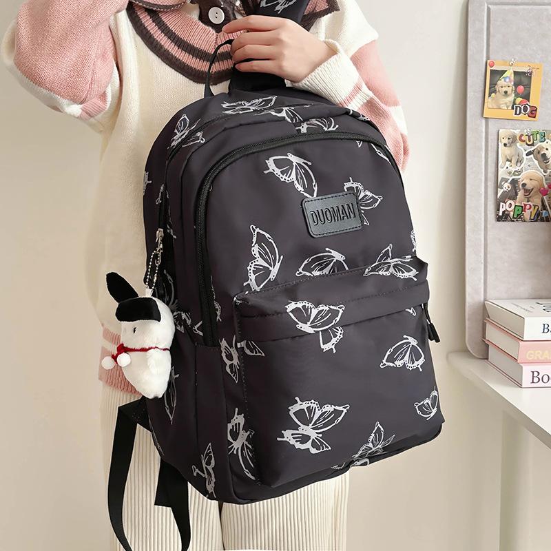 Schoolbag Japanese Ins Wind Butterfly Print Backpack Female Junior High School High School Student Schoolbag Large Capacity Lightweight Travel