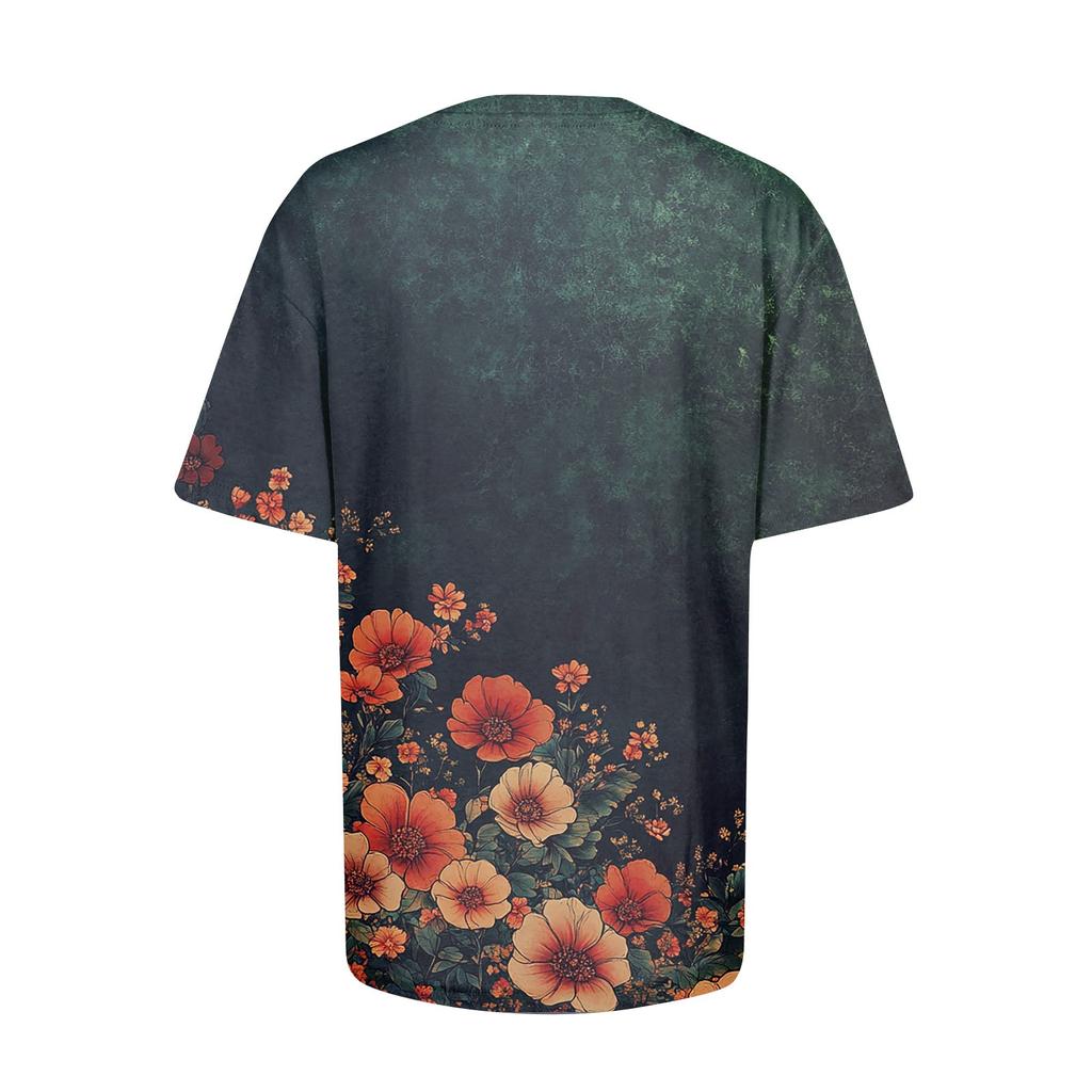 Women's Fashion Casual Short-Sleeved Floral Print T-Shirt Shirt Temperament Shirt V-neck Top