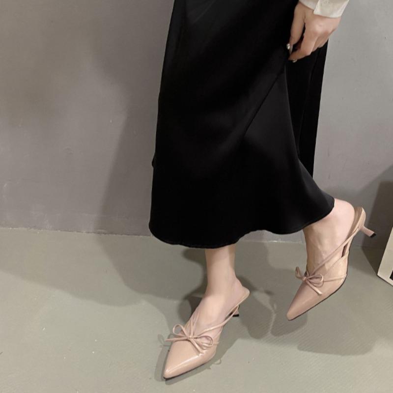 Fashion Pointed Bow High-heeled Half Slippers Women's New Summer Baotou Shallow Mouth Sexy Thin-heeled Sandals and Slippers
