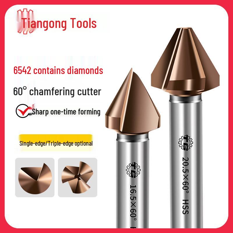 Tiangong 6542 Cobalt HSS 60° Single-Edge Chamfering, Deburring, and Countersink Cutter with Straight Shank.
