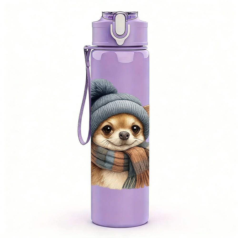 1PC Warm Hat Chihuahua Cartoon 750ml Color Plastic Sports Water Bottle Leakproof Flip Straw Lid Suitable for Sports Office Home Use