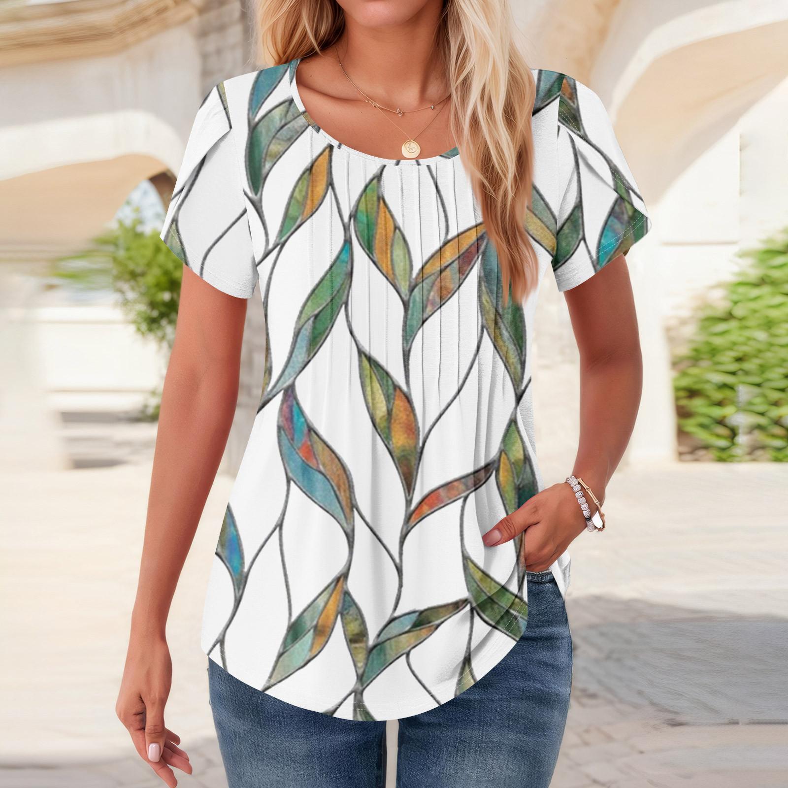 

Жіночі топи з короткими рукавами, літні сорочки з круглим вирізом, блузки з квітковим принтом для жінок, ошатні повсякденні XL білий