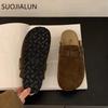 Fashion SUOJIALUN 2024 Autumn Women Flat Slipper Fashion Round Toe Slip On Mules Shoes Soft Flat Heel Outdoor Casual Slides Sandal Shoes