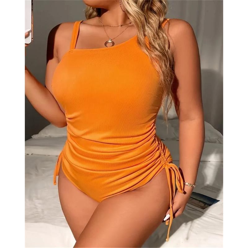 2025 Sexy Einfarbig Träger Plus Size Bademode Damen Push Up Ausgeschnitten Groß Einteiliger Badeanzug Strand Dame Mollig Kurvig Badeanzug