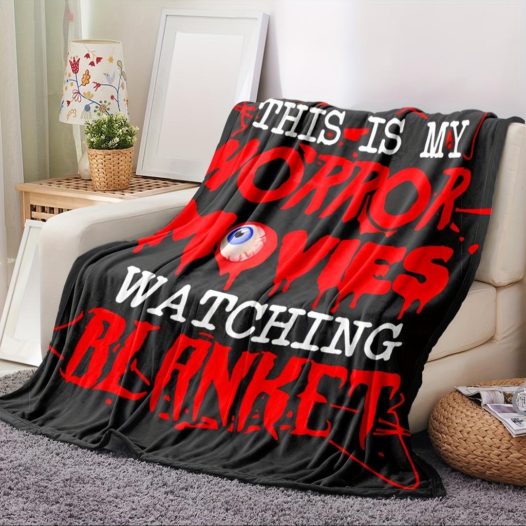 Halloween Horror Movie Blanket Black Red Eyeball Print Soft Plush Spooky Design Home Decor Sofa Couch Movie Night Watching Gift