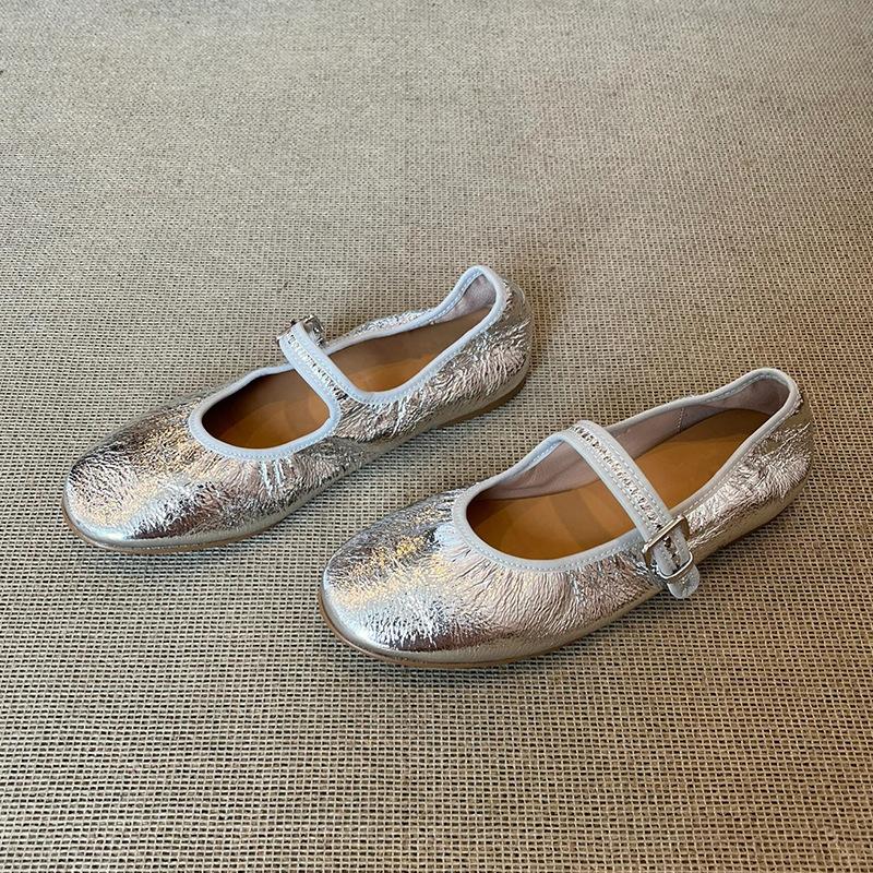 Schafslederversion~ Nische Retro Gold Wort Gürtel Mary Jane Einzelschuhe Damen Flachmund Flachsohlenschuhe Ballerinas Damen