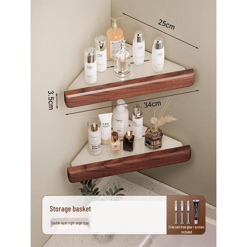 

cmaos Walnut Wood Towel Rack with Double-Layer Triangular Storage Basket