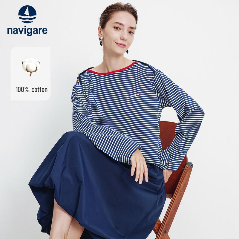 Navigare Women's Striped Cotton Long Sleeve Off-Shoulder T-Shirt
