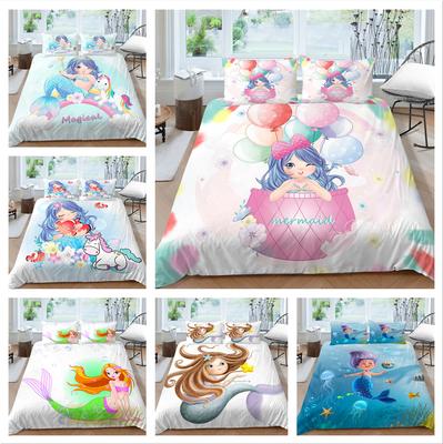 3D Mermaid Bedding Cartoon Little Girl Quilt Cover Pillowcase 2 or 3 Pieces for Girls Room Children Room Soft Washable Zipper Home Decoration