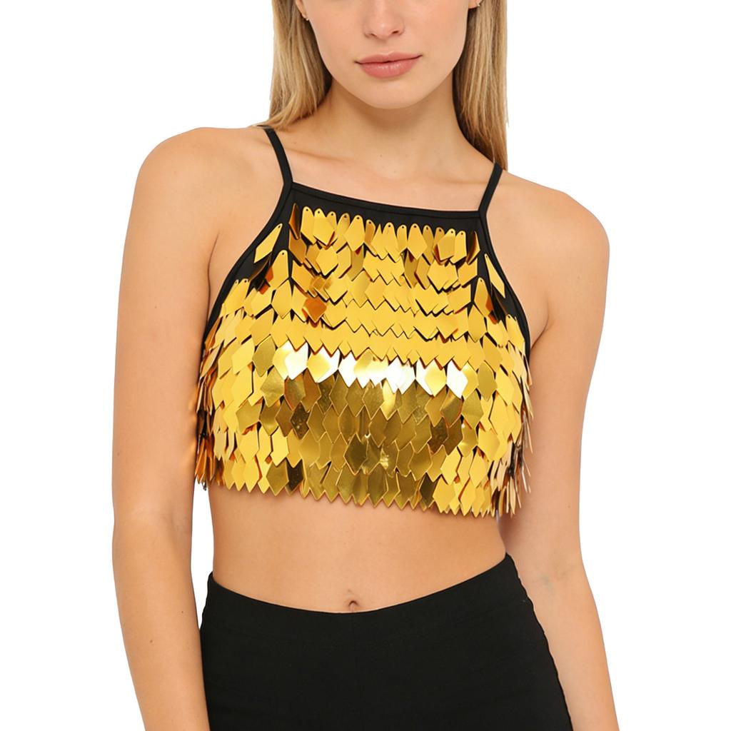 Women Sequin Tassel Bra Top Spaghetti Straps Lace Up Back Crop Camisole Belly Dance Clubwear