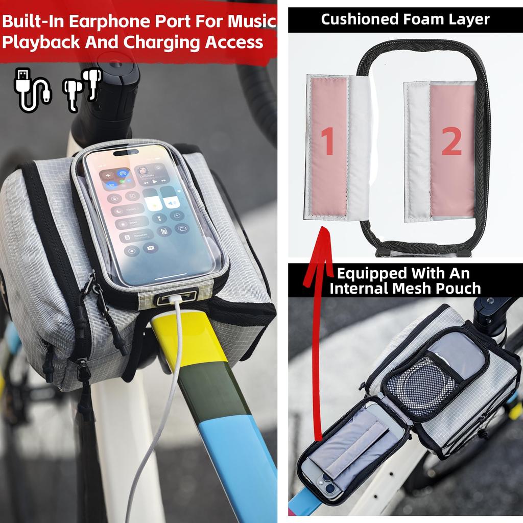 Rhinowalk Bicycle Front Frame Bag, Top Tube Frame Storage, Waterproof Bike Handlebar Bag for Smartphones, Professional Cycling Accessories - White