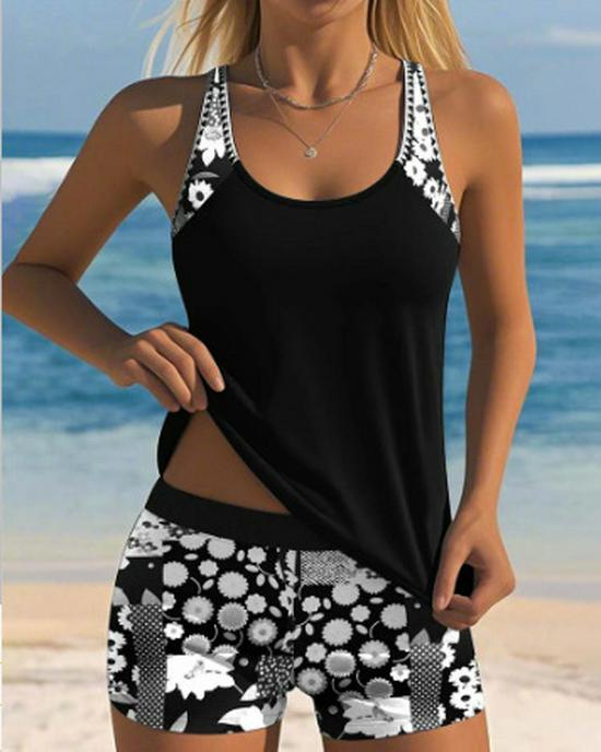 2026 European & American Printed Two-Piece Swimsuit - Women's Conservative Quick-Drying Boxer Briefs