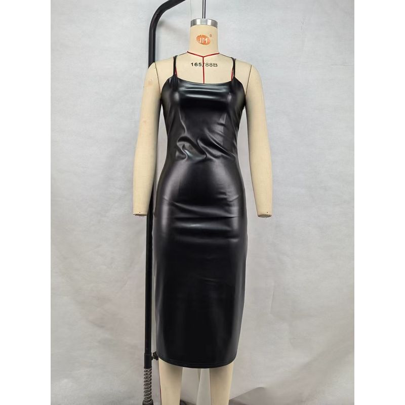 

European and American Sexy Backless Lace up Hip PU Leather Dress Sexy Backless Strap PU Dress Black L