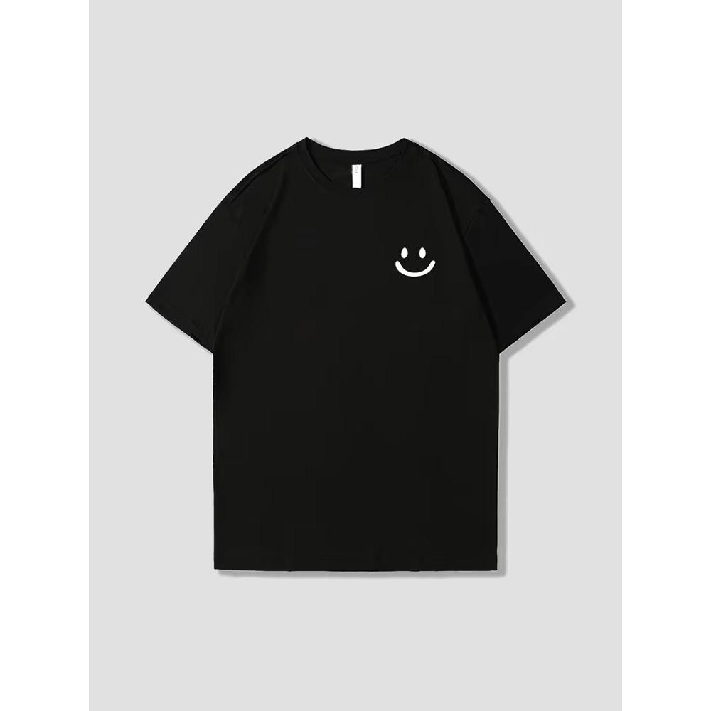 Summer Fashion Heavyweight Retro Men's Smiling Face 100% Cotton Printed Round Neck High Quality Casual Fitness Street T-shirt