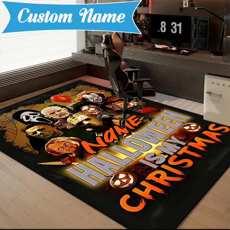 Custom Name Halloween Horror Christmas Rug for Living Room, Game Rooms, Office, Bedroom, Floor Mat Playful Design, fan gifts Christmas decor