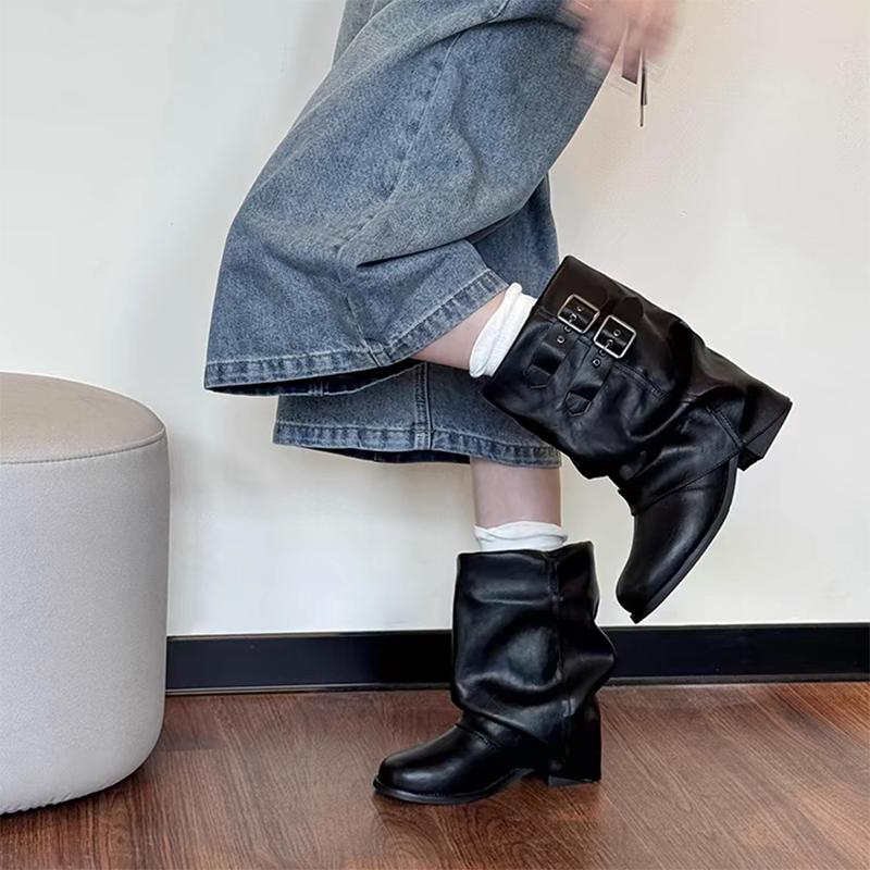 Autumn Vintage Thick Heel Women Western Cowgirl Boots Fashion Belt Buckle Ladies Elegant Slip On Mordern Short Booties
