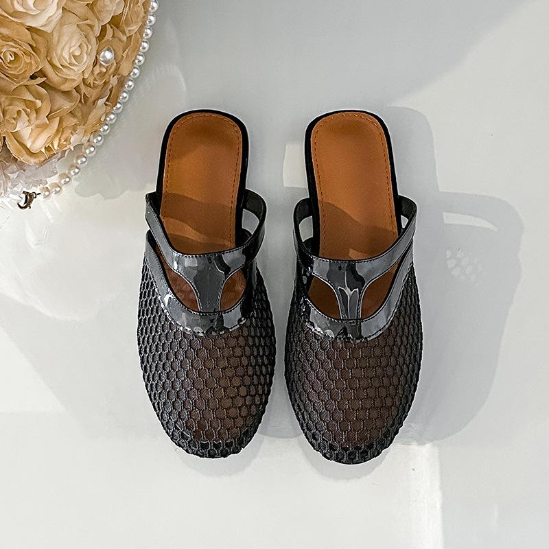Fishnet Backless Mary Jane Flats for Women Summer Dressy Sandals Women s Casual Round Closed Toe Mary Jane Shoes Ballets Mules Slip On Flat Shoes 36 чёрный