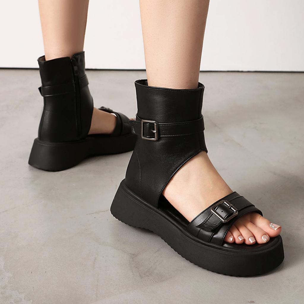 Spring and Summer Y Supply Is Comfortable, Medium Heel Thick Bottom Large Size Round Head Belt Buckle Women's Cool Boots